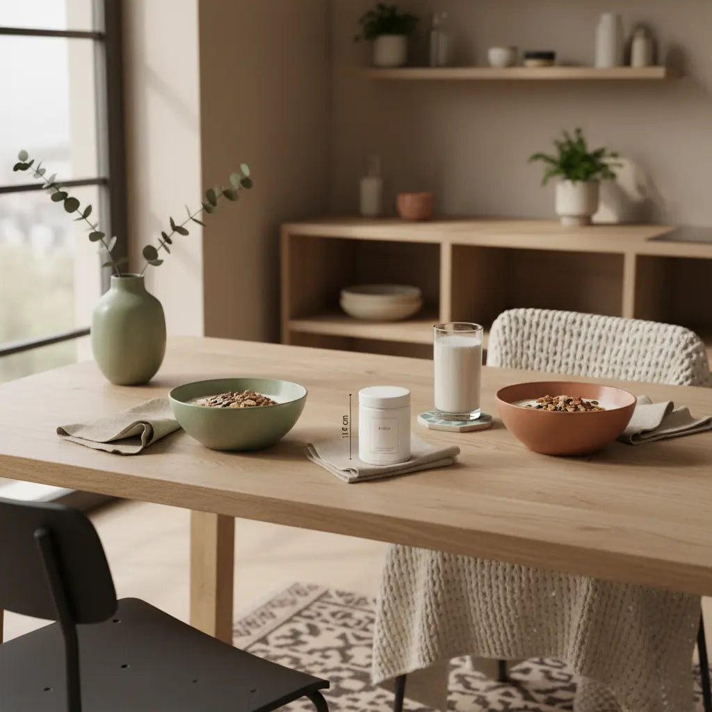 Was ist ein guter Vorsatz? Minimalistisches Frühstück in europäischer Küche: veganes Granola mit Joghurt, Nüssen und einem Shake, warme Morgenstimmung, Hintergrund #F7EDE6