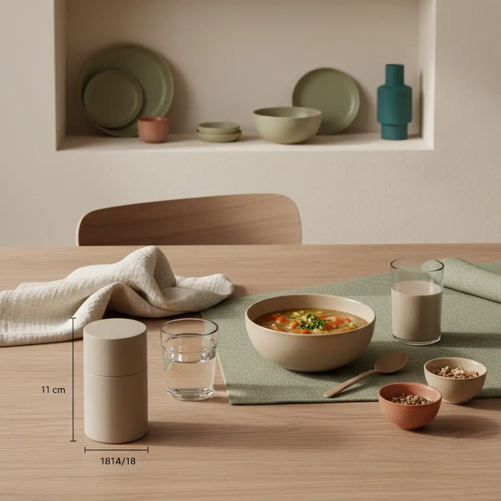 Minimalistische europäische Küche mit nachhaltigem Holztisch, veganer Gemüsesuppe, kleinem Wasserglas und Protein‑Smoothie im Morgenlicht – Was kann ich essen mit wenig Kalorien?