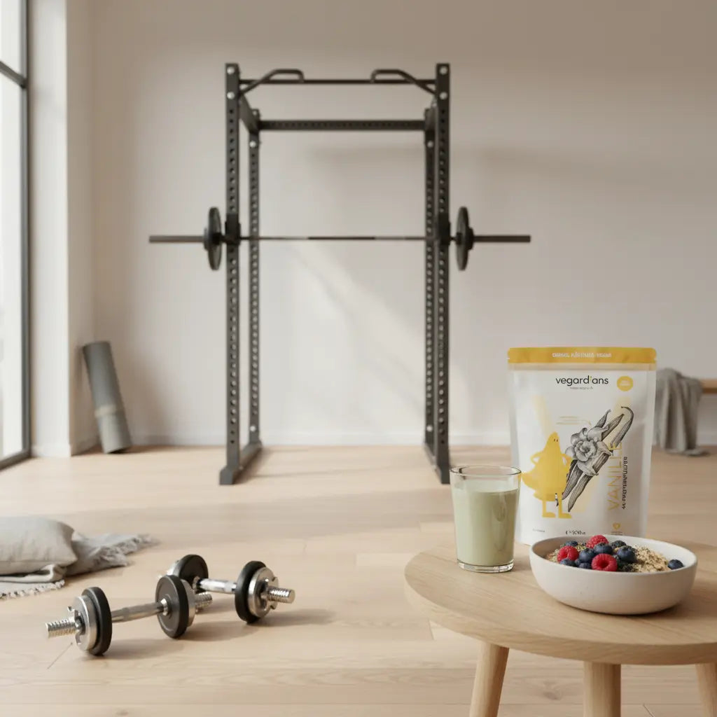 Minimalistische Fitnessstudio-Szene mit Hantelstange, Kurzhanteln, Yogamatte und pflanzlichem Shake – Was kann man im Gym trainieren als Frau?