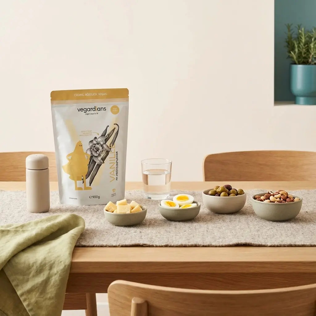 Aufgeräumte Küchenszene mit kohlenhydratarmen Snacks (Hartkäse, Eier, Oliven, Nüsse), Glas Wasser und Vegardians-Produkt – was kann man naschen ohne kohlenhydrate?