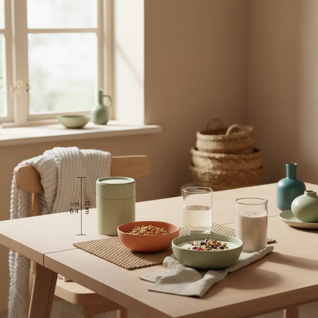 Veganes Frühstück mit Granola, pflanzlichem Joghurt, Nüssen und Shake in minimalistischer europäischer Küche im Morgenlicht – was muss man essen um veganer zu sein