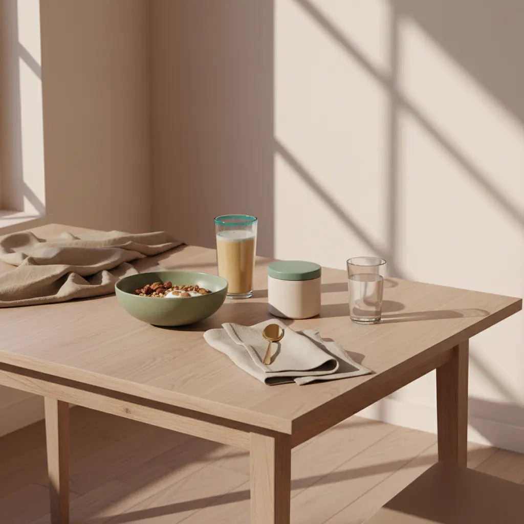 was nicht essen im winter: minimalistisches Winterfrühstück mit Granola, Joghurt, Nüssen und Shake auf nachhaltigem Tisch in Beige und Salbei