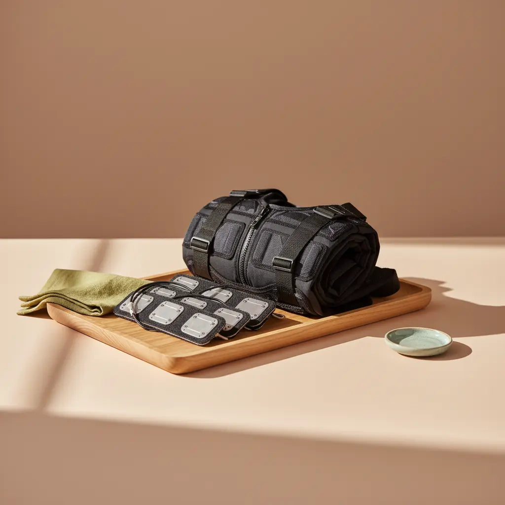 Was sagen Ärzte zu EMS-Training? Detailaufnahme einer aufgerollten EMS‑Weste mit Elektroden auf Holztablett vor warmem, neutralem Hintergrund in Vegardians-Farben, keine Personen.