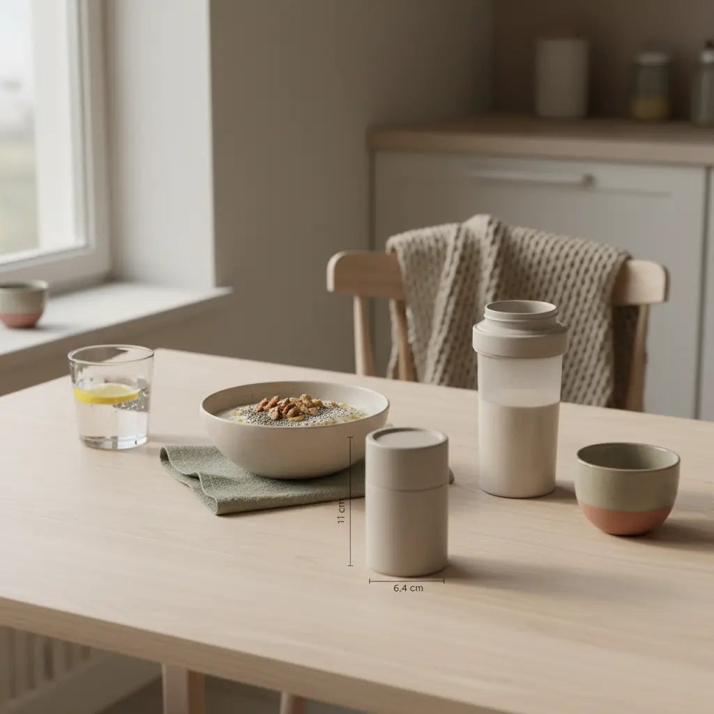 Vegane Frühstücksszene im sanften Morgenlicht mit Haferbrei, Nüssen, Glas Wasser und Proteinshake (Das Produkt aus den Referenzfotos) auf schlichtem Tisch. Was soll ich essen wenn ich abnehmen will?