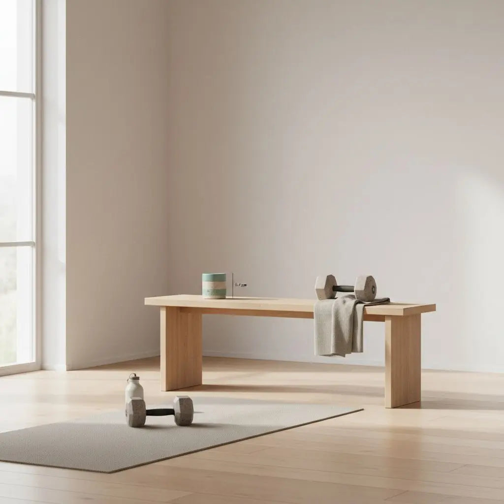 Was sollte man als Frau im Gym trainieren? Minimalistische Trainingsszene ohne Personen: Matte, Liegebank, Hanteln, warmes Morgenlicht, natürliche Materialien, Farbakzente #B0BF71 und #4A9A9E.