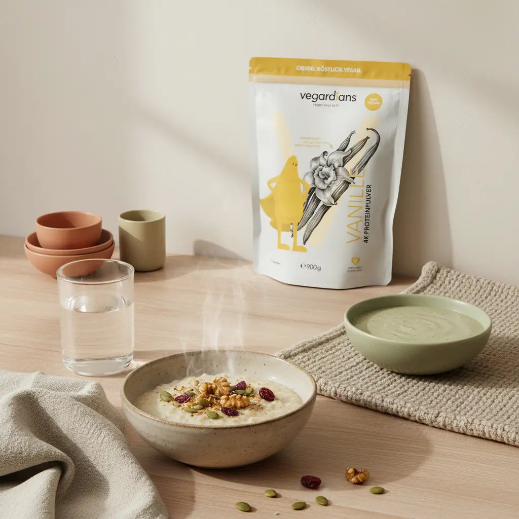 Minimalistische Frühstücksszene mit Haferporridge, Glas Wasser, pflanzlichem Shake und Vegardians-Produkt auf Holztisch – was sollte man morgens als erstes essen