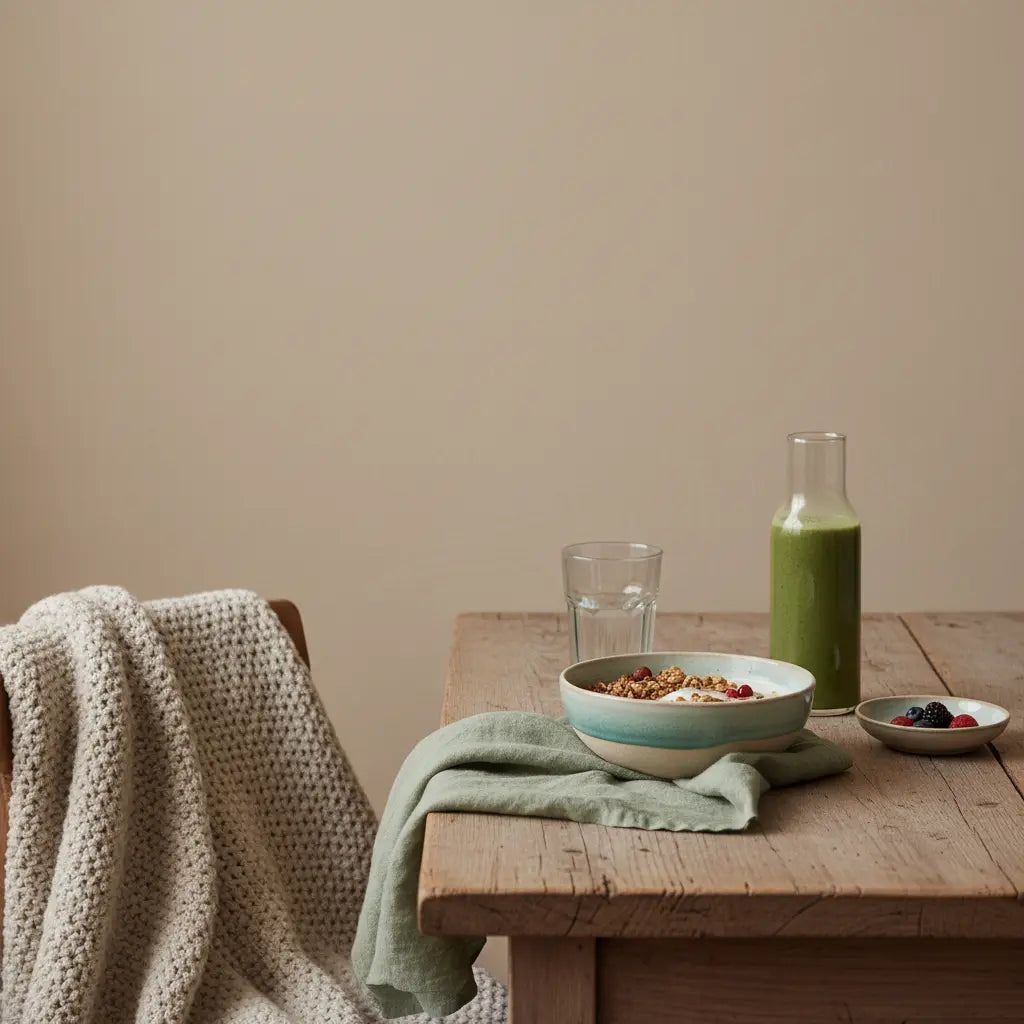 Minimalistischer Frühstückstisch in europäischer Küche mit Granola, Joghurt, Nüssen, Shake und klarem Wasserglas – Was sollte man nicht essen bei Clean Eating?