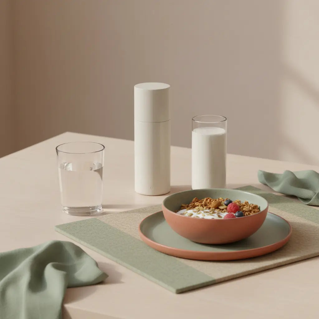 Minimalistisches Morgenfrühstück in europäischer Küche mit Granola, veganem Joghurt, Nüssen und Shake in Beige und Salbei — was sollten vegetarier jeden tag essen