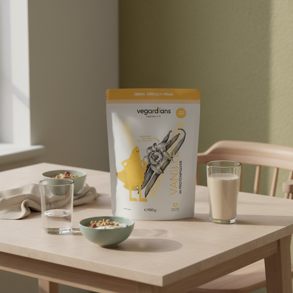 Minimalistische Morgenküche mit Vegardians-Produkt neben veganem Shake und Müsli, Fokus auf gesunde Routine — was trinken um bauchfett zu verlieren
