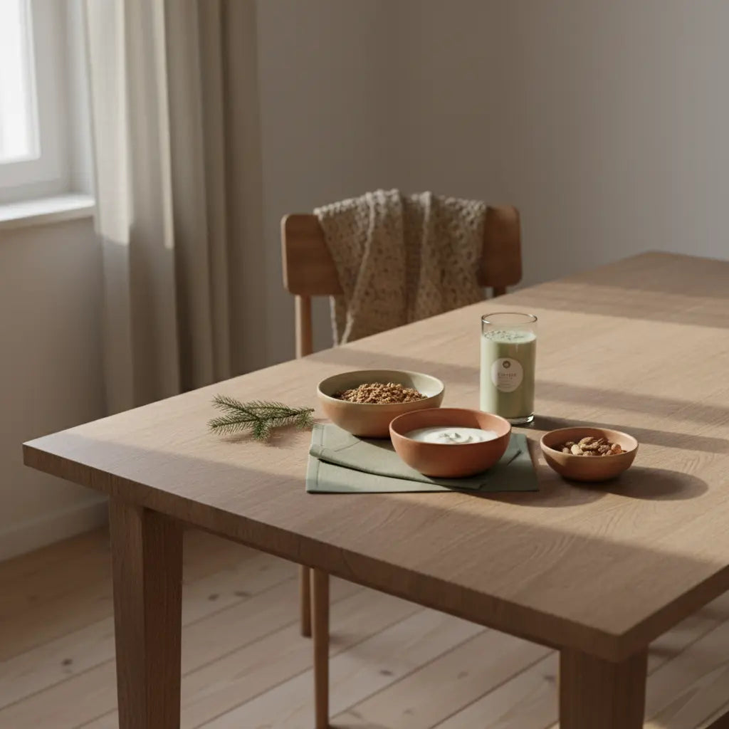 Minimalistisches Frühstück in europäischer Küche mit nachhaltigem Gedeck: Granola, veganer Joghurt, Nüsse und Shake in salbei- und terrakotta Tönen – Weihnachtsaktivitäten für Familien.