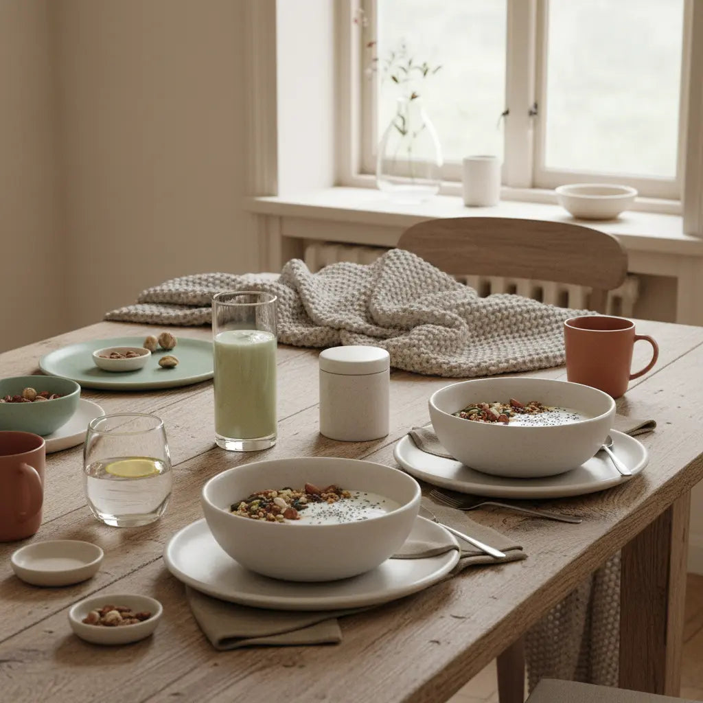 Minimalistisches veganes Frühstück in einer europäischen Küche am Morgen mit Granola, Joghurt, Nüssen und pflanzlichem Shake auf nachhaltigem Tisch, dezente Wintertexturen — weihnachtsdate ideen