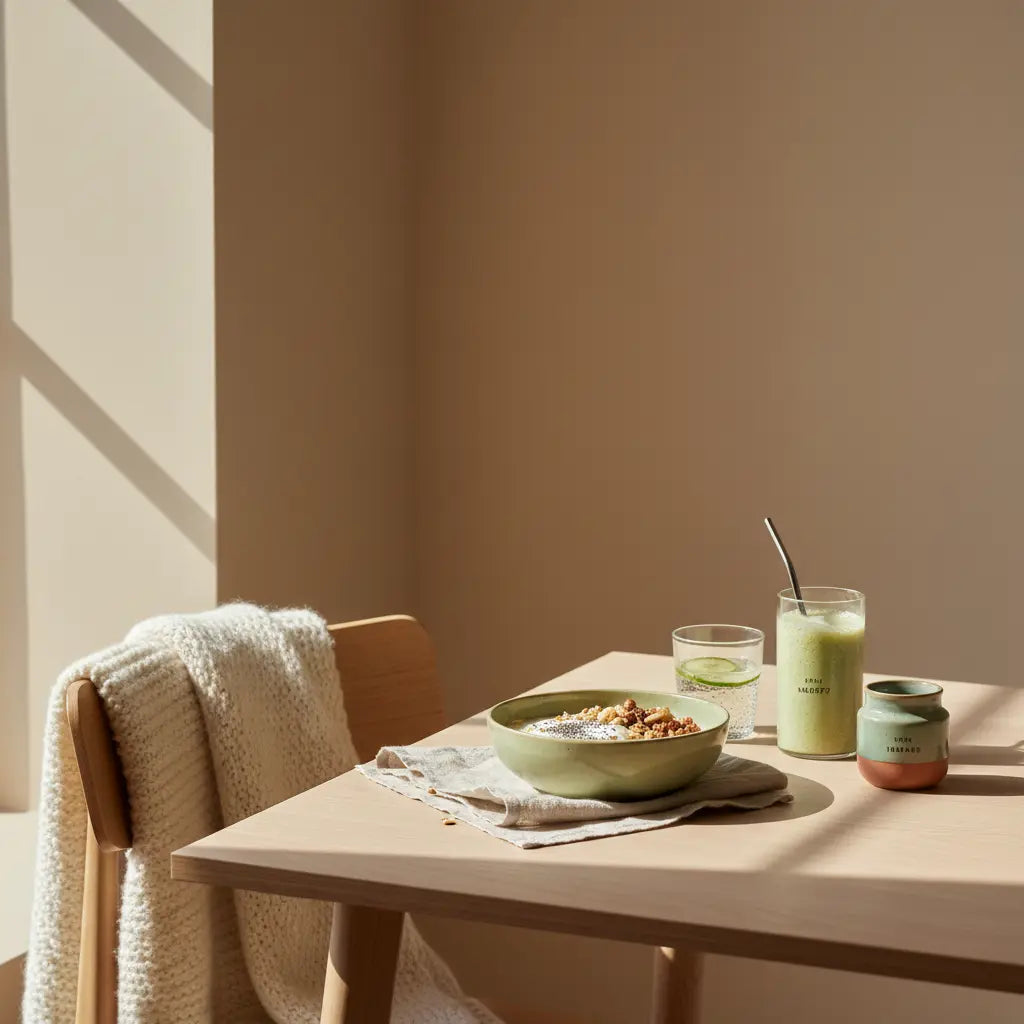 Minimalistisches Frühstück in europäischer Küche bei Morgenlicht mit Granola, Joghurt, Nüssen und Shake, Woll- und Leinentexturen – Weihnachtswerte sichtbar.