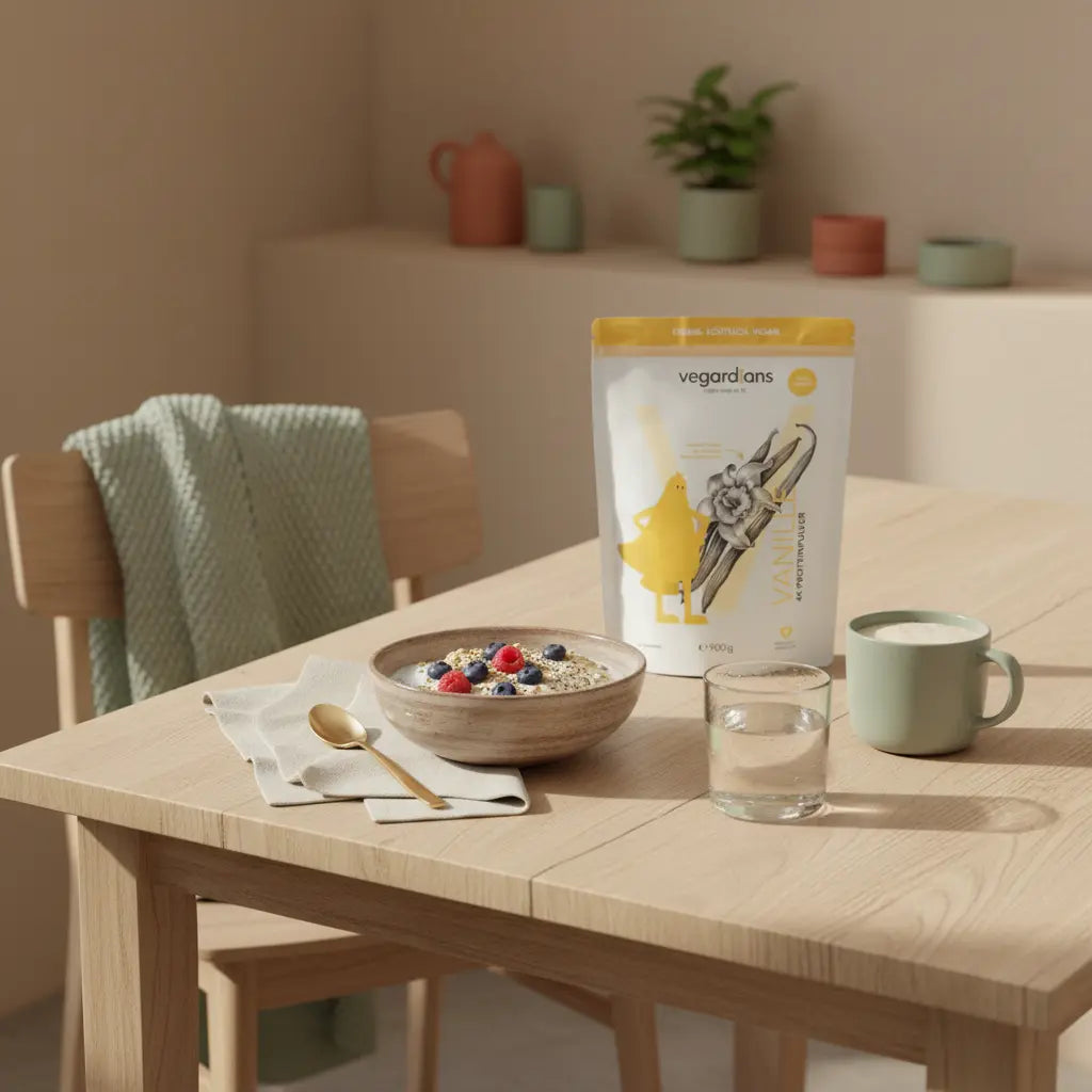 Frühstücksszene mit Hafer-Beeren-Müsli, Glas Wasser und pflanzlichem Shake auf nachhaltigem Holztisch im Morgenlicht – Welche Bakterienstämme machen schlank