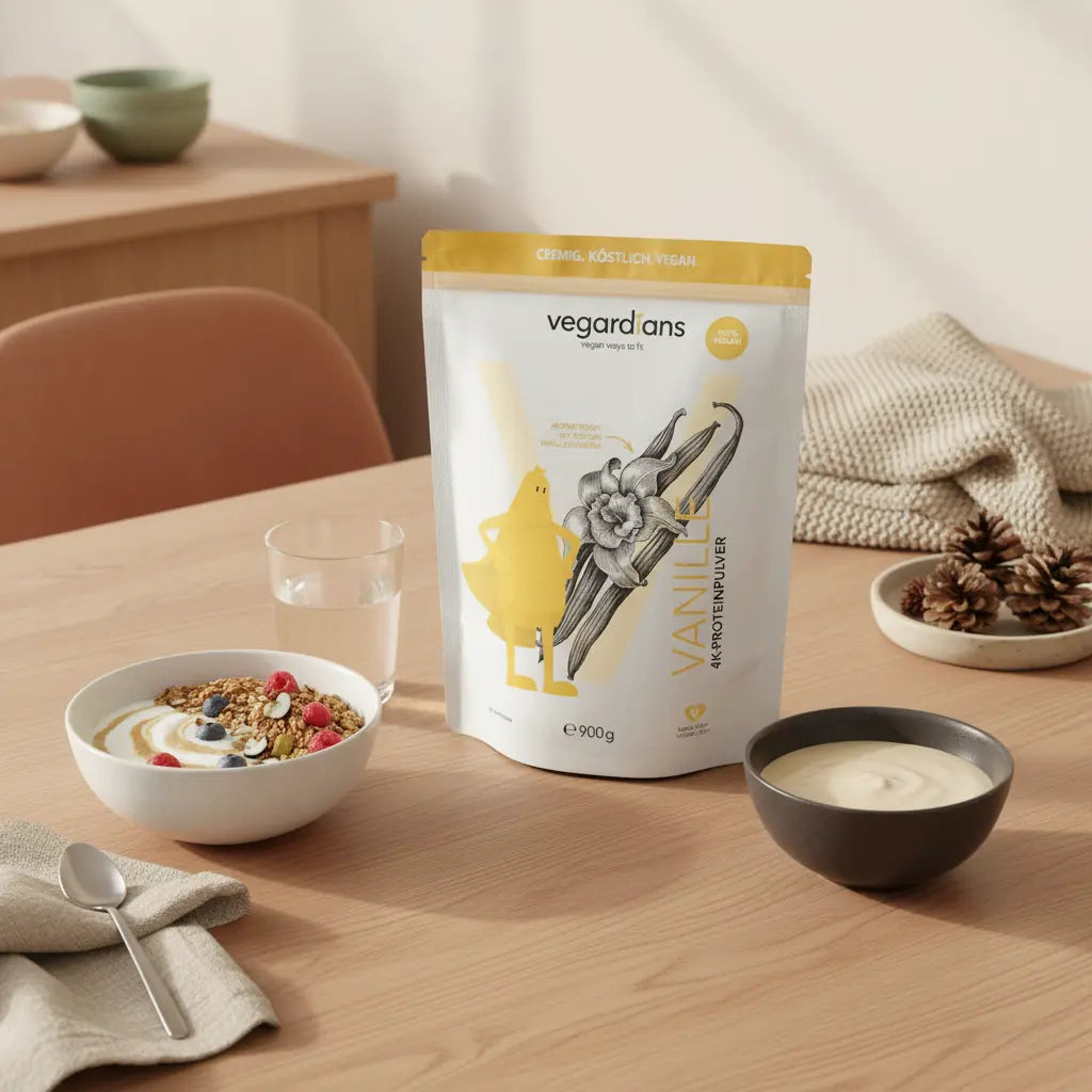 Veganer Frühstückstisch in Morgenlicht mit Müsli, pflanzlichem Joghurt, Nüssen und Shake auf nachhaltigem Holztisch – Welche Diät ist am effektivsten zum Abnehmen