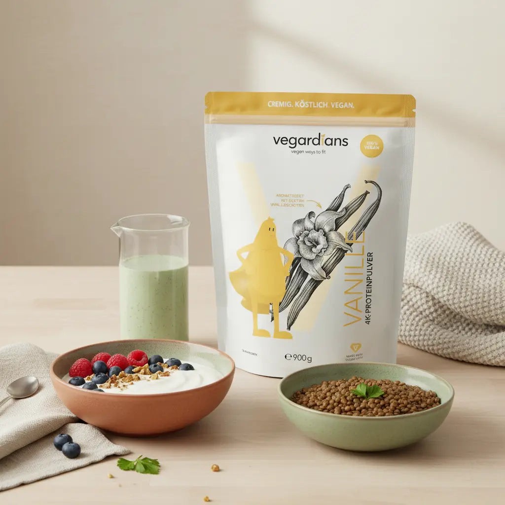 Welche Lebensmittel haben viel Eiweiß, aber wenig Fett? Magerquark mit Beeren, Proteinsmoothie und Linsen auf nachhaltigem Holztisch in europäischer Küche bei Morgenlicht.