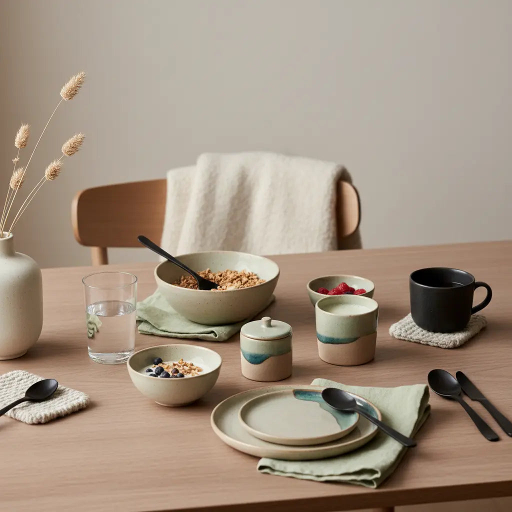 Veganer Frühstückstisch mit Granola, Joghurt, Nüssen und Shake in heller europäischer Küche – welche lebensmittel haben viel protein