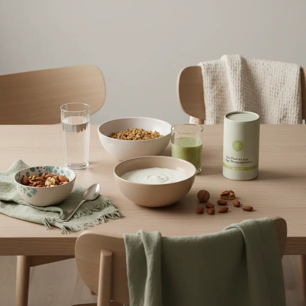 Welche Lebensmittel sind pflanzlich: minimalistisches Frühstück mit Granola, pflanzlichem Joghurt, Nüssen und Shake auf nachhaltig gedecktem Tisch, sanftes Morgenlicht.