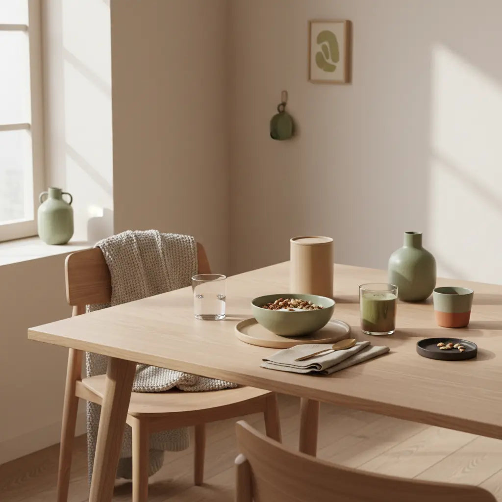 Minimalistisches Morgenfrühstück mit Granola, Joghurt, Nüssen und Shake in europäischer Küche, dezentes Produkt aus Referenzfotos integriert — welche nahrung bei krebs vermeiden