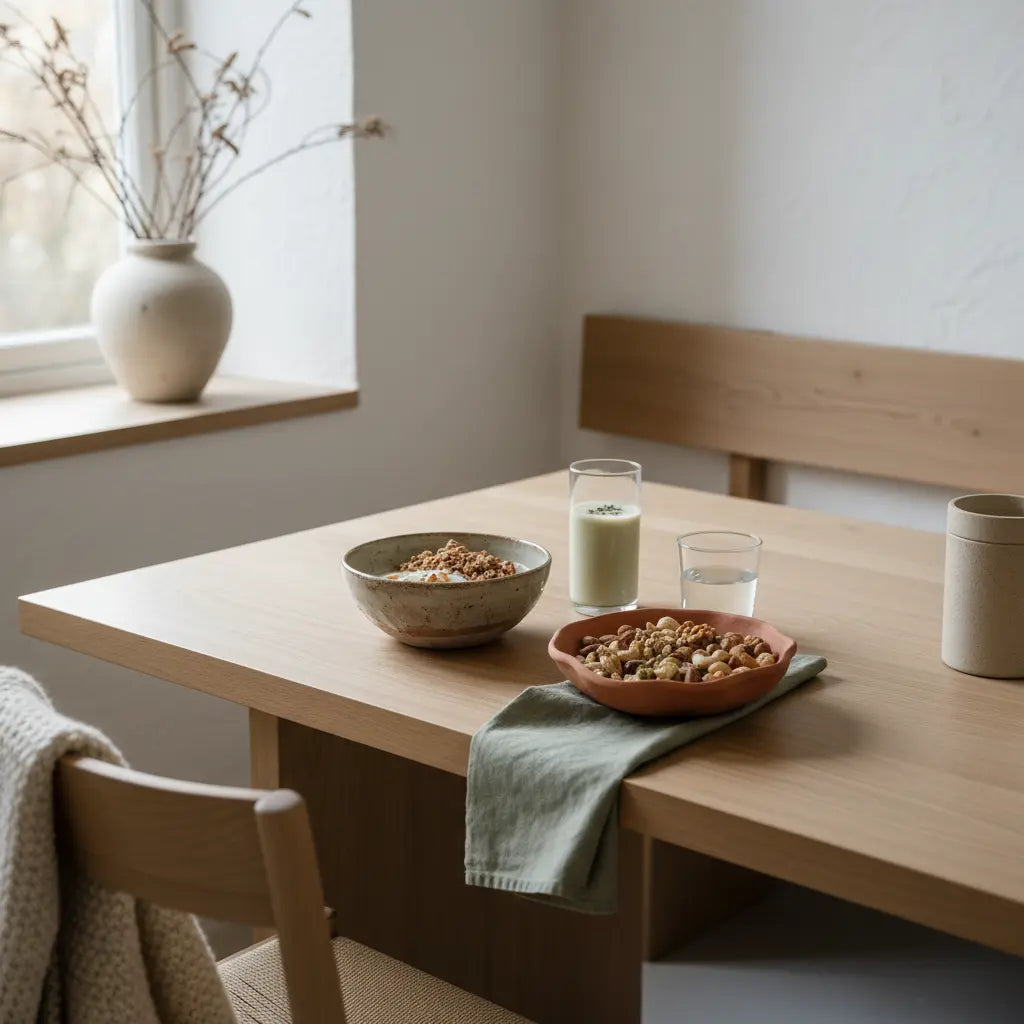 Minimalistisches Frühstück auf Holztisch: Granola, pflanzlicher Joghurt, Schale mit Nüssen und cremiger Shake im weichen Morgenlicht – Welche Nüsse haben viel Eiweiß?