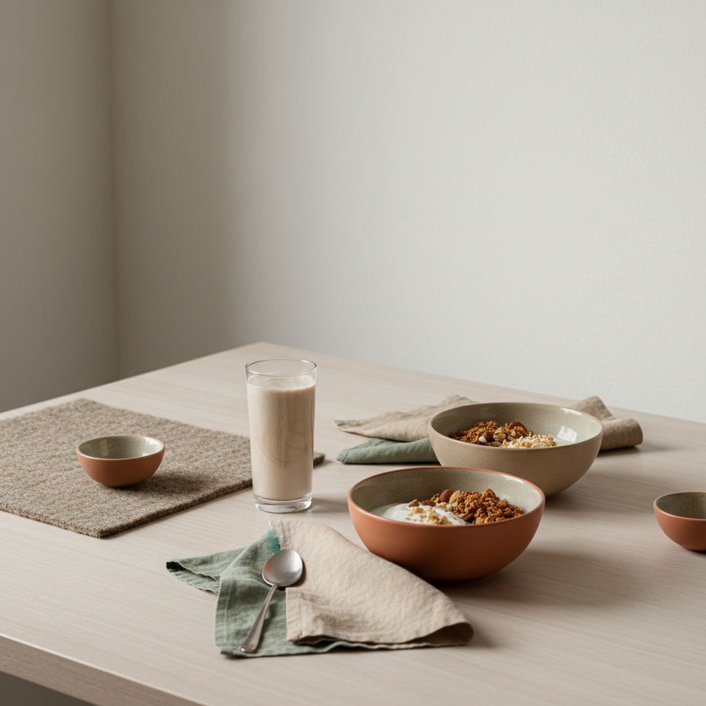 Europäische Küchenszene: Granola, Sojajoghurt, Nüsse, Proteinshake und das Produkt aus den Referenzfotos im Vegardians-Stil. Welche Pflanze hilft beim Muskelaufbau?