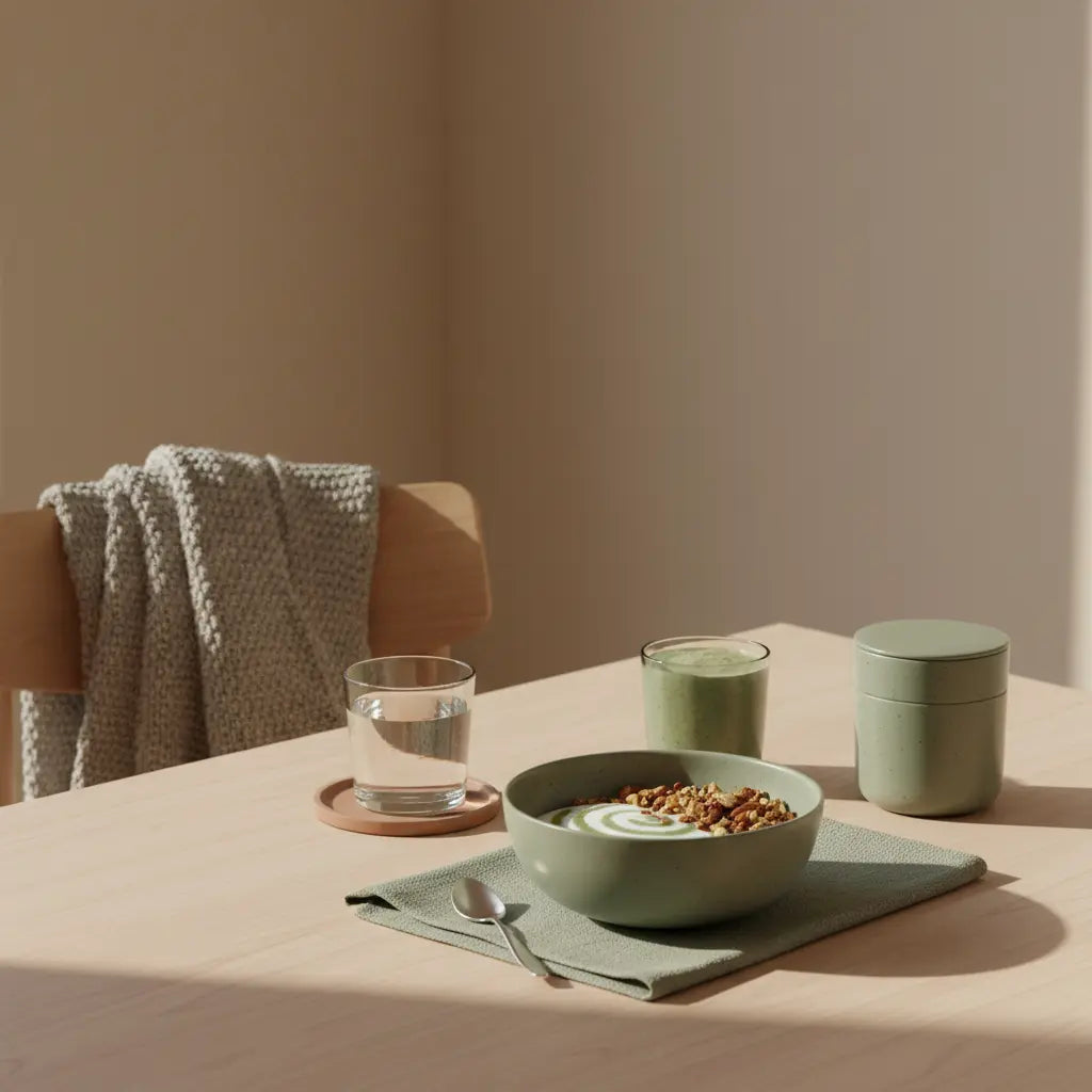 Aufgeräumtes Frühstück in europäischer Küche mit Granola, pflanzlichem Joghurt, Nüssen, Shake und dem Produkt aus den Referenzfotos – welche pflanzlichen lebensmittel haben viel eiweiss