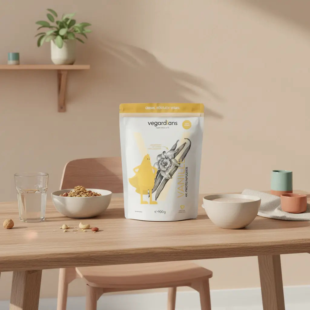 Minimalistische Küchenszene mit Holztisch, Glas Wasser, Müsli, neutralem Proteinshake und dem Produkt aus Referenzfotos – Welche Supplements verbrennen Fett?