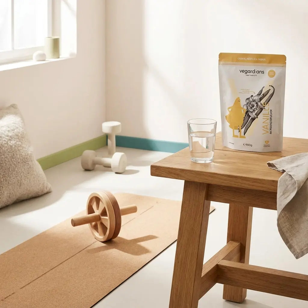 Welche Übung ist am effektivsten für den Bauchmuskel: Heller Gym‑Corner mit Naturfaser‑Yogamatte, Ab Wheel, Holztisch, Glas Wasser und geschlossener Proteinpulver‑Dose (Produkt aus Referenzfotos).