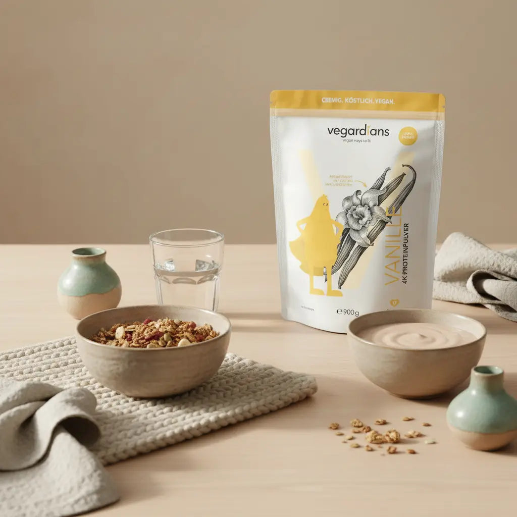 Welche Übung verbrennt ohne Geräte am meisten Bauchfett? Europäische Küche im Morgenlicht, nachhaltiger Holztisch mit Glas Wasser, Schale veganem Müsli, Nüssen und Proteinshake, ruhige erdige Farbpalette.