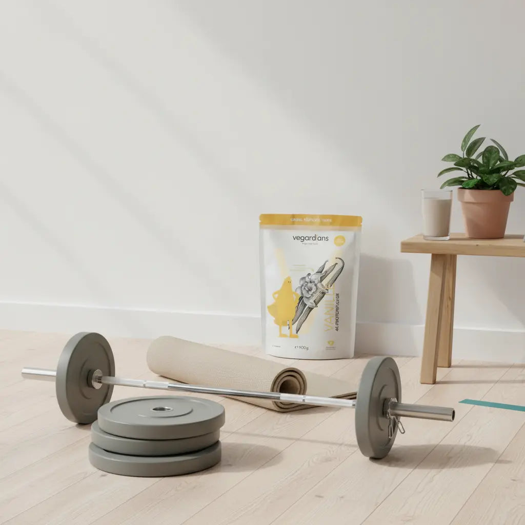 Minimalistische Gym‑Ecke mit Langhantel, gefalteter Matte, Proteinshake und Pflanze im Morgenlicht — Welche Übungen im Gym sind gut für den Muskelaufbau?