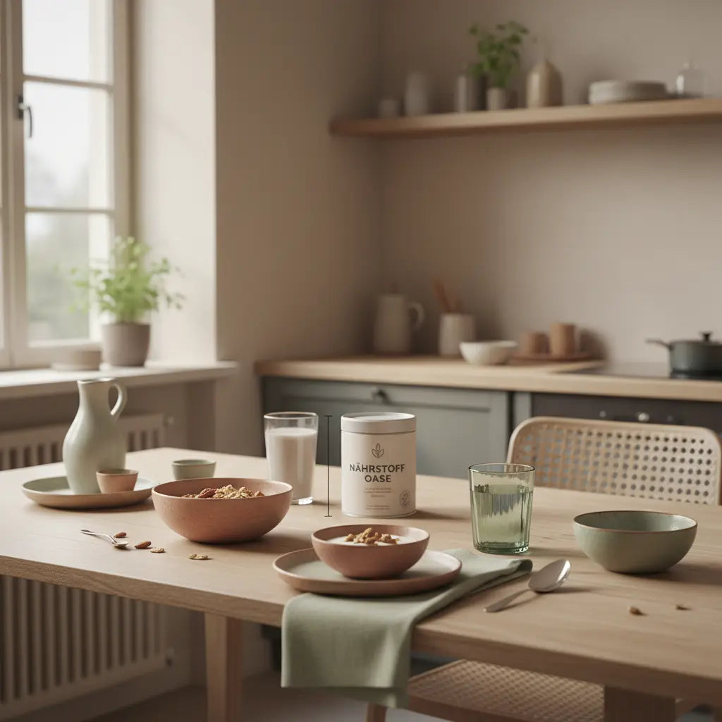 Fotorealistische, minimalistische Frühstücksszene in europäischer Küche mit Granola, Joghurt, Nüssen und Shake, winterliche Woll- und Leinenakzente; welche vegane ernährungsform ist die gesündeste