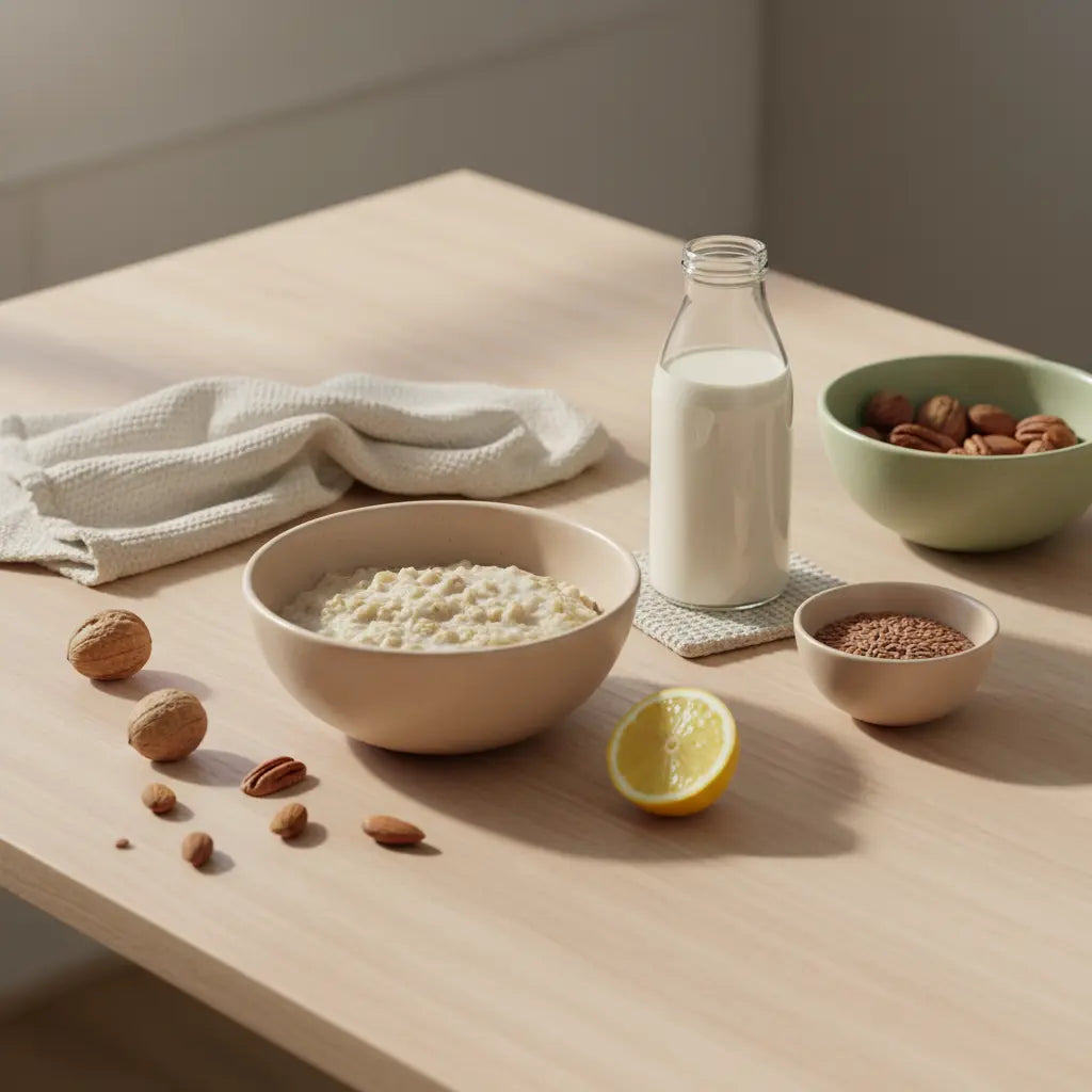 Welche Vitamine braucht man zum Muskelaufbau: Minimalistische Frühstücksszene mit Haferflocken, pflanzlichem Shake, Leinsamen, Nüssen, Zitronenscheibe und kleinem Supplement‑Glas.