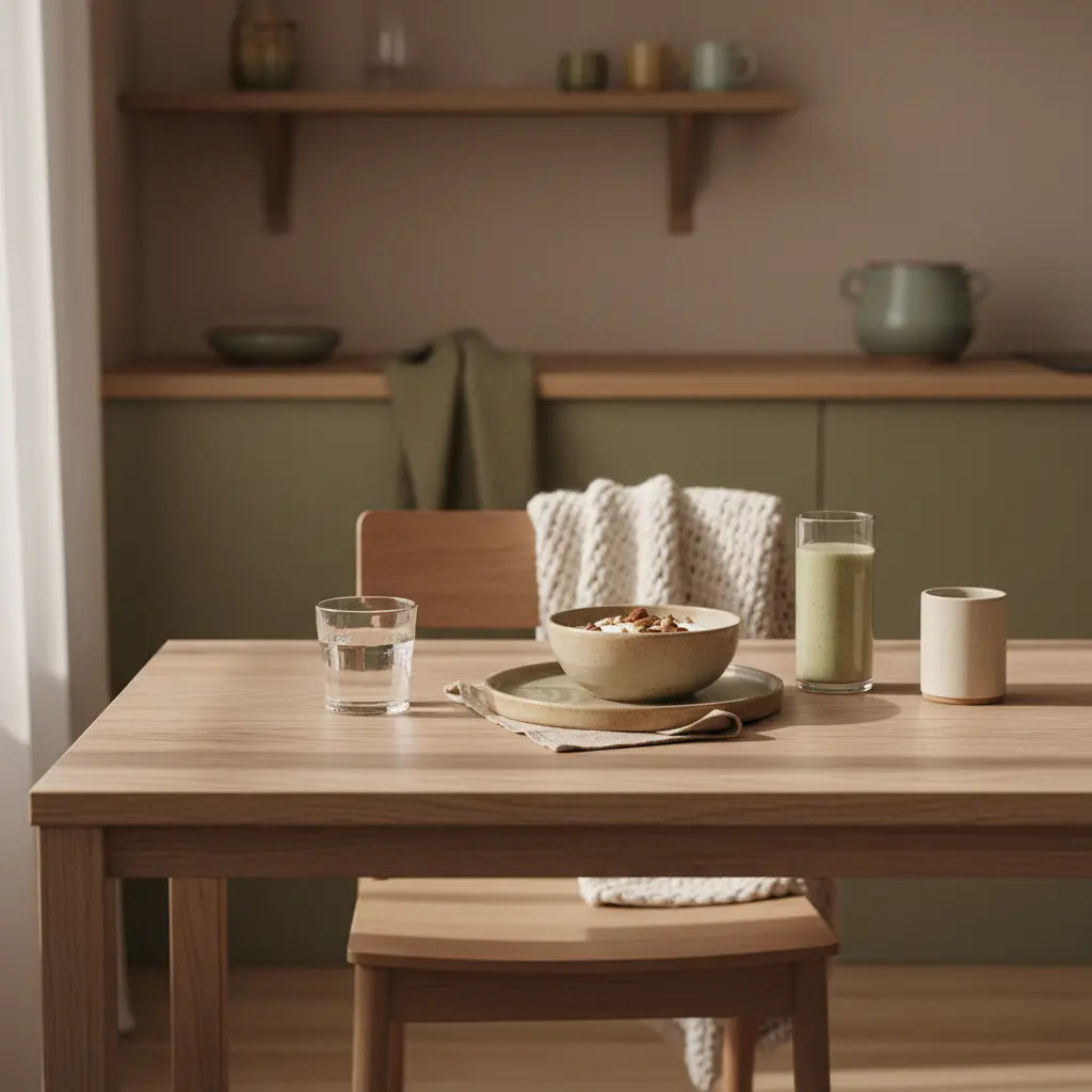 Minimalistischer Frühstückstisch mit Granola, pflanzlichem Joghurt, Nüssen und Shake in nachhaltiger, erdiger Küchenästhetik im Morgenlicht – welchen Zweck hat Fitness