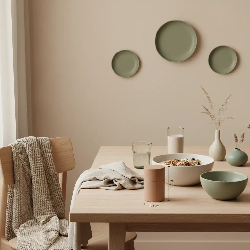 Welches Eiweiß bei Dialyse? Minimalistischer Frühstückstisch mit Granola, pflanzlichem Joghurt, Nüssen und Shake in ruhiger europäischer Küche