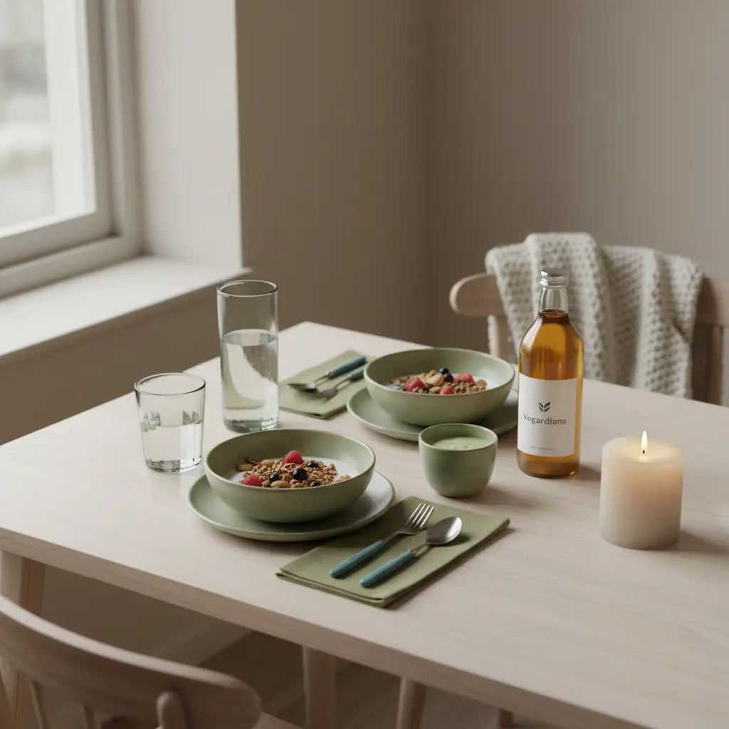 Welches Eiweiß bei Niereninsuffizienz: veganes Frühstück mit Granola, Joghurt, Nüssen und Shake auf nachhaltig gedecktem Tisch im sanften Morgenlicht.