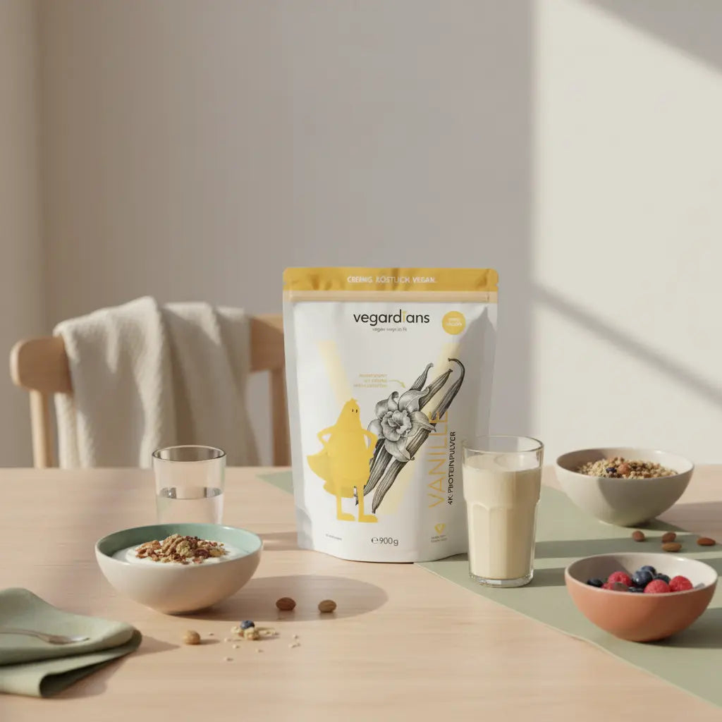 Vegardians-Produkt neben veganem Müsli, Shake und Wasserglas in minimalistischer Küche; Welches Getränk ist am besten zum Abnehmen?
