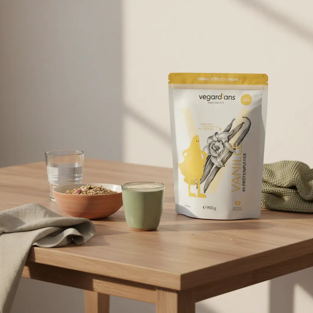 Küche im Morgenlicht mit Holztisch, Glas Wasser, Haferflocken, veganem Shake und dem Produkt aus den Referenzfotos — welches ist das effektivste Bauchmuskeltraining?