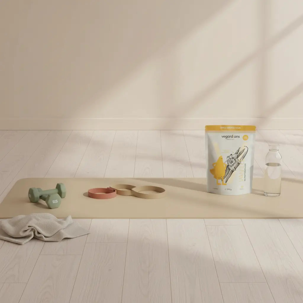 Minimalistische Heimtrainingsszene mit Matte, Kurzhanteln, zwei Widerstandsbändern und Glasflasche auf Holzfußboden im sanften Morgenlicht – welches krafttraining kann ich zu hause machen?