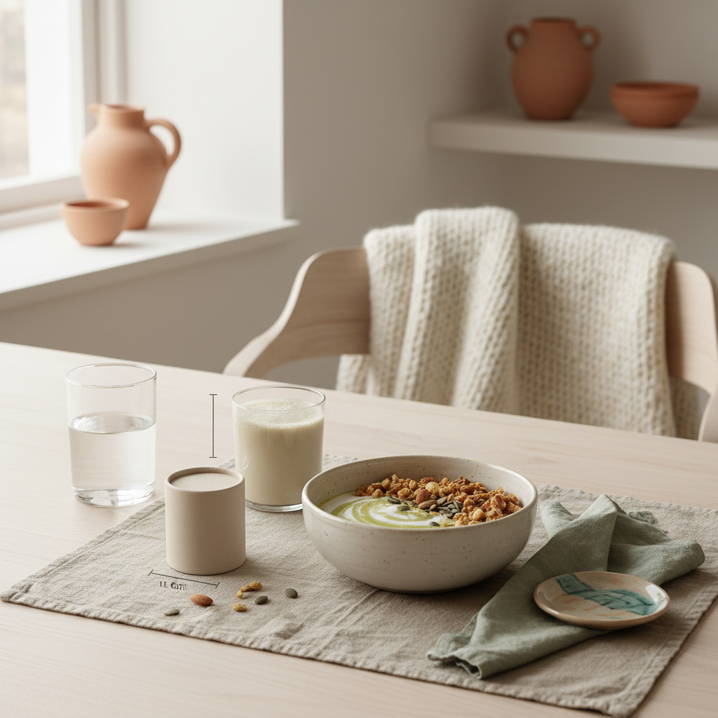Frühstückstisch mit Granola, pflanzlichem Joghurt, Nüssen, Shake und dem Produkt aus den Referenzfotos in Vegardians-Farben. Welches Obst hat den höchsten Eiweißgehalt
