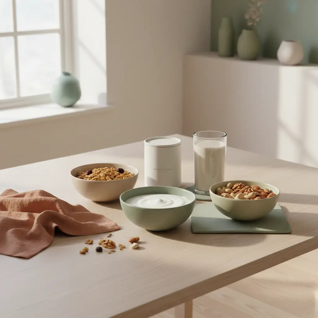 Minimalistisches Frühstück in europäischer Küche mit Granola, pflanzlichem Joghurt, Nüssen und veganem Shake auf Holztisch – welches Obst hat viel Eiweiß