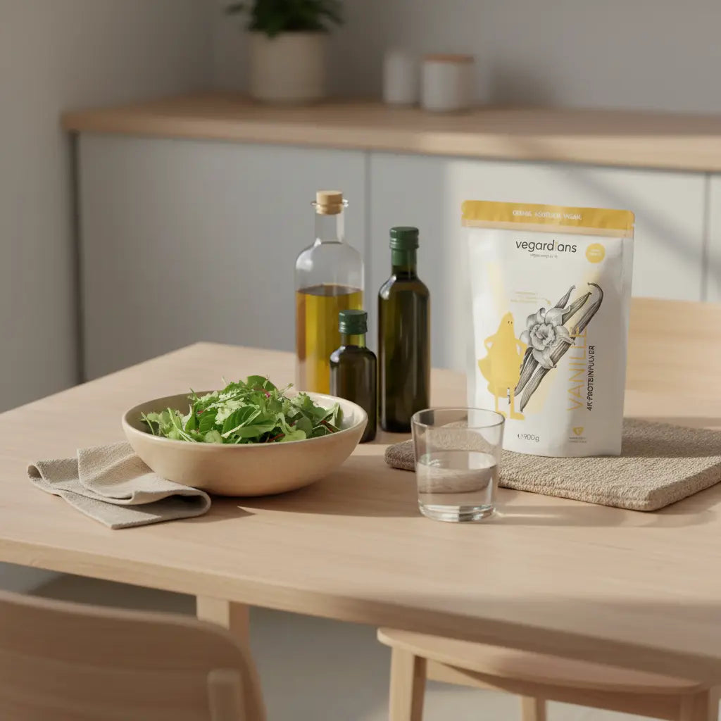 Auf nachhaltigem Holztisch: Salatschale, Flasche Olivenöl, kleine Flasche Hanföl und Glas Wasser in sanftem Morgenlicht — Welches Öl ist am besten zum Abnehmen