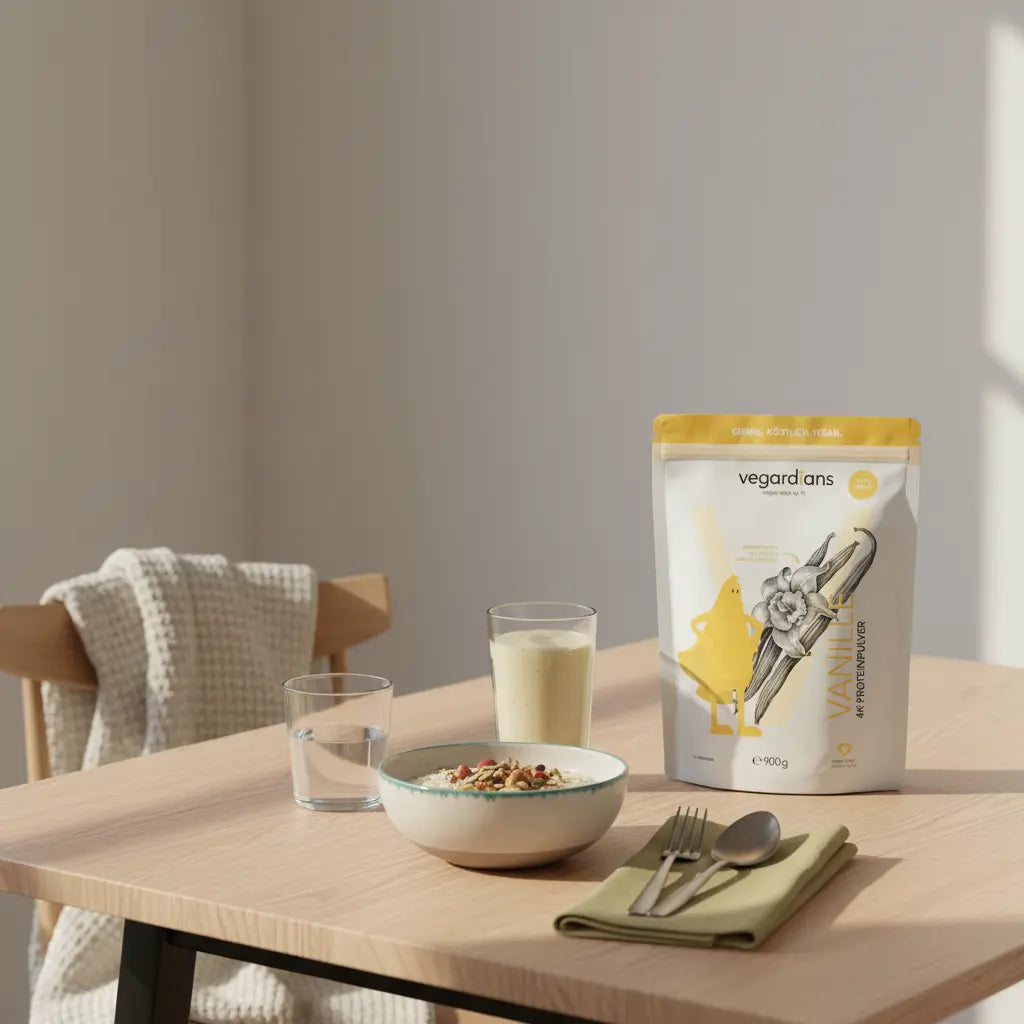 Minimalistische Morgenküche mit Holztisch, Porridge, Nüssen und veganem Shake neben dem Produkt aus den Referenzfotos – welches proteinpulver für masseaufbau