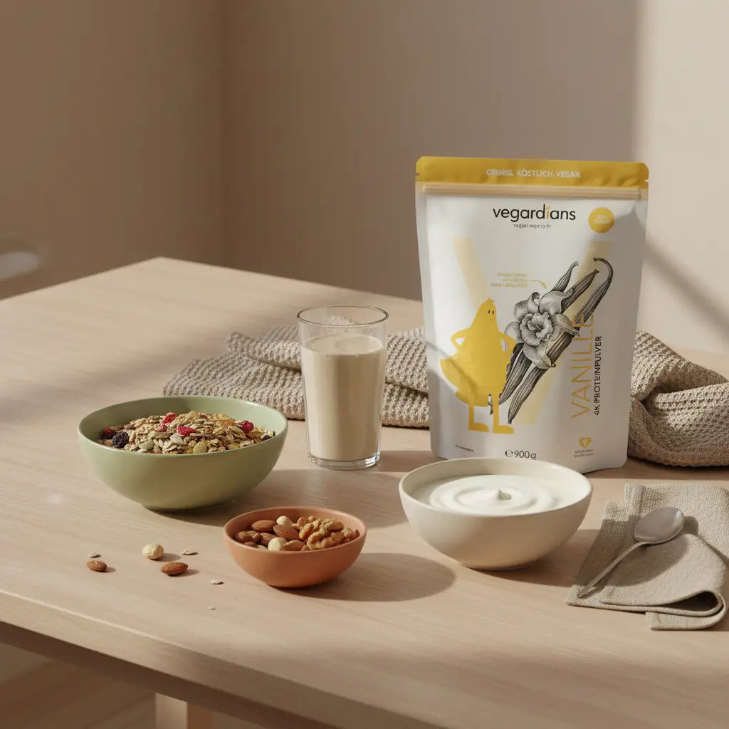 Welches Training ist am besten zum Abnehmen — veganes Frühstück auf nachhaltigem Holztisch in heller europäischer Küche mit Müsli, pflanzlichem Joghurt, Nüssen und Shake in ruhigem Morgenlicht