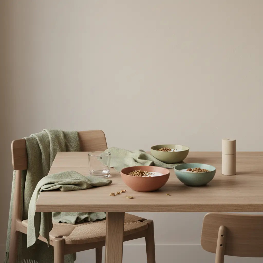 Minimalistische europäische Frühstücksszene mit veganem Müsli, Shake und dem Produkt aus den Referenzfotos — wer sollte kein pflanzliches protein zu sich nehmen