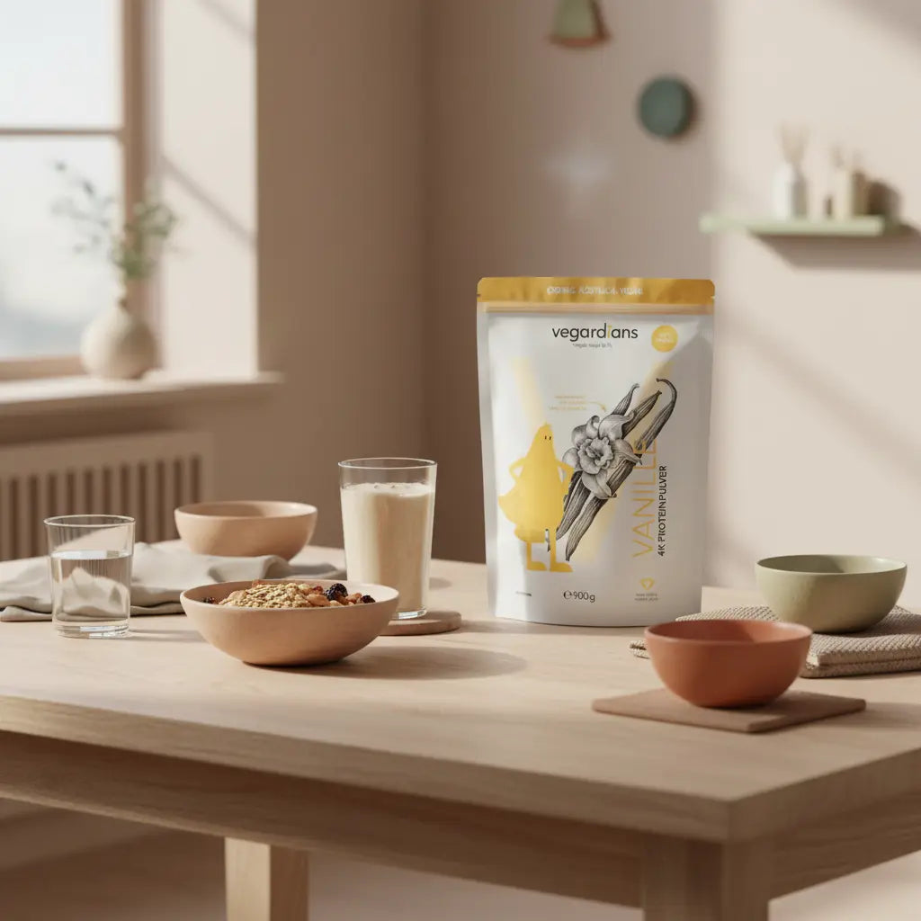 Morgendliche Küchenaufnahme mit nachhaltigem Holztisch, Müsli, Shake, Wasserglas und Vegardians-Produkt – Whey Protein zum Abnehmen, minimalistisch und ruhig.