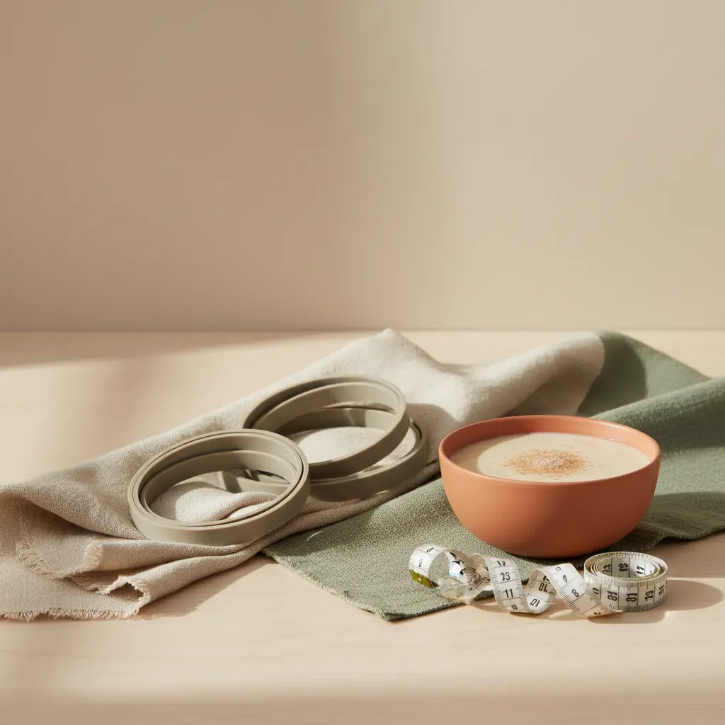 Minimalistisches Stillleben mit Widerstandsbänder Training auf hellem Holztisch, Shake in neutraler Keramikschale, Maßband und Leinen‑/Wolltexturen im sanften Morgenlicht