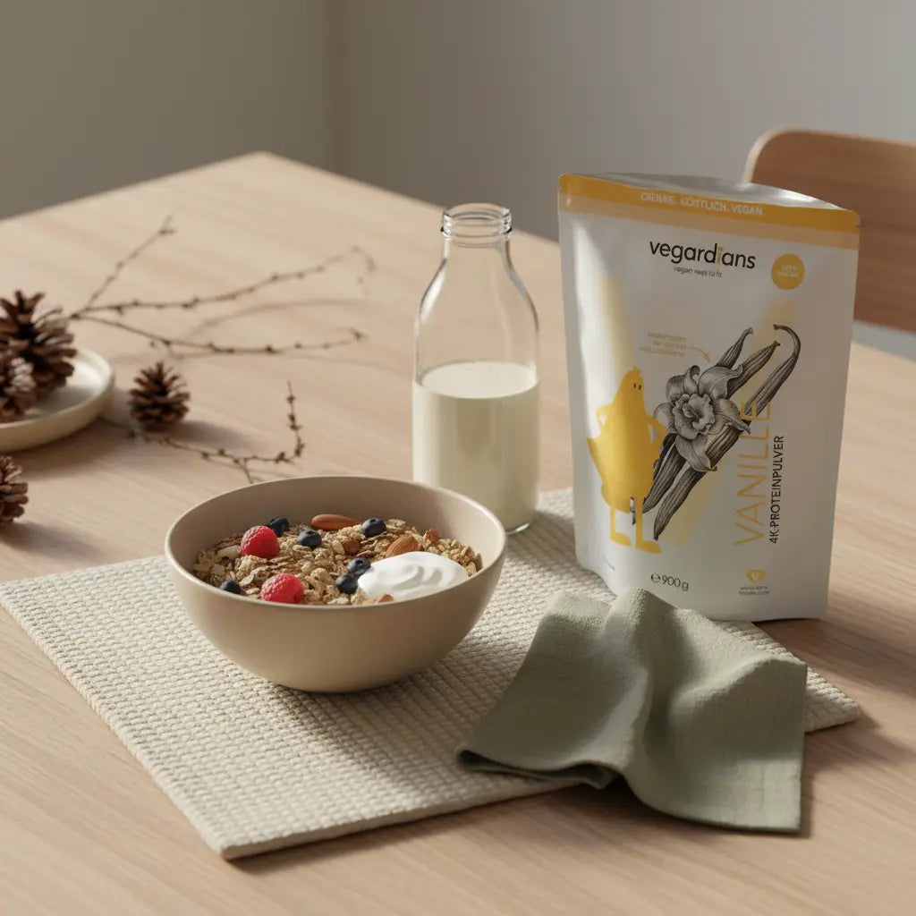 Frühstücksszene in europäischer Küche: Müsli, geöffnete Dose pflanzliches Proteinpulver und Proteinshake in Glasflasche auf nachhaltigem Holztisch – Wie bekomme ich dünnere Beine?