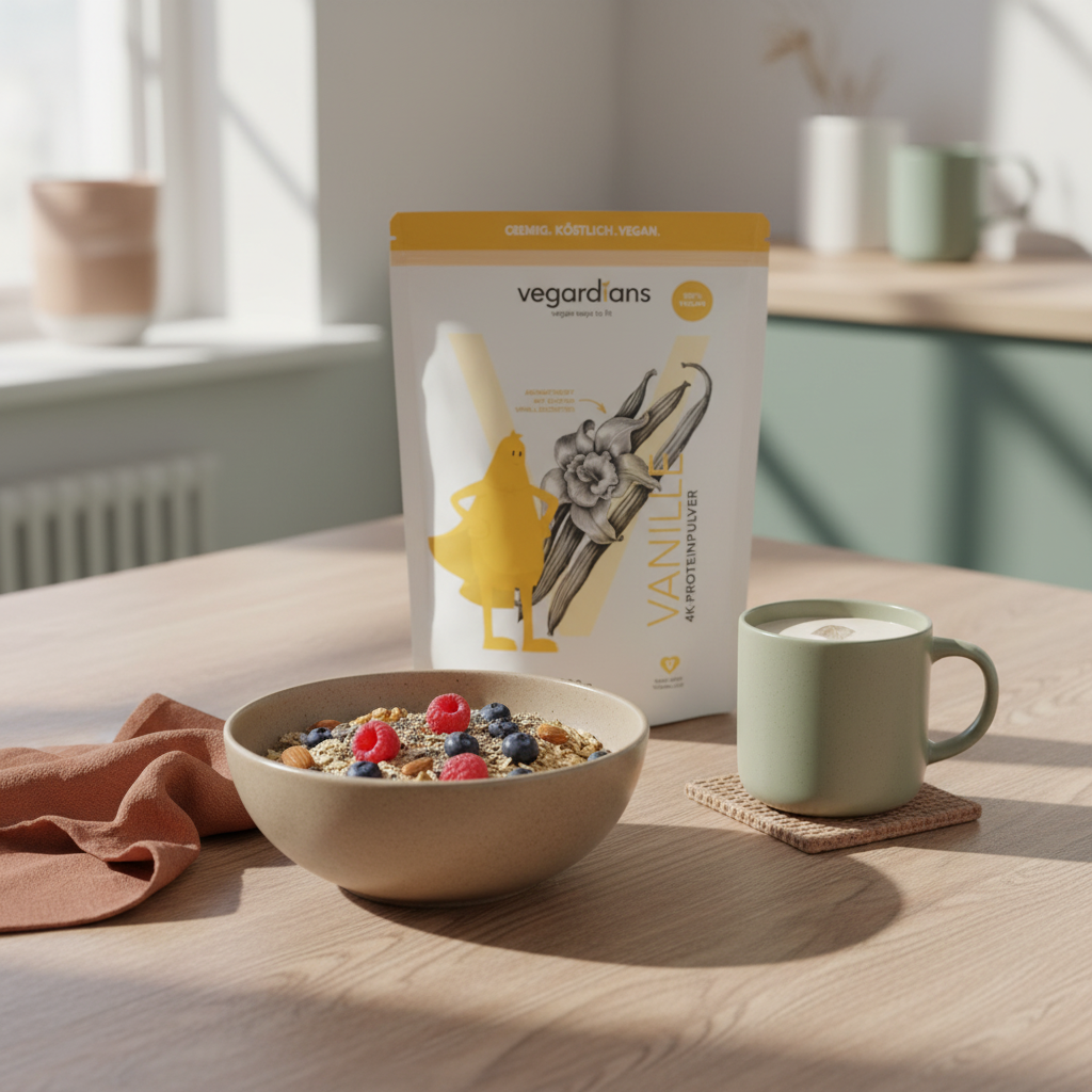 Vegardians Frühstücksszene mit pflanzlicher Protein-Schale und Produkt auf Holztisch im Morgenlicht – Wie bekomme ich mein Unterbauchfett weg?