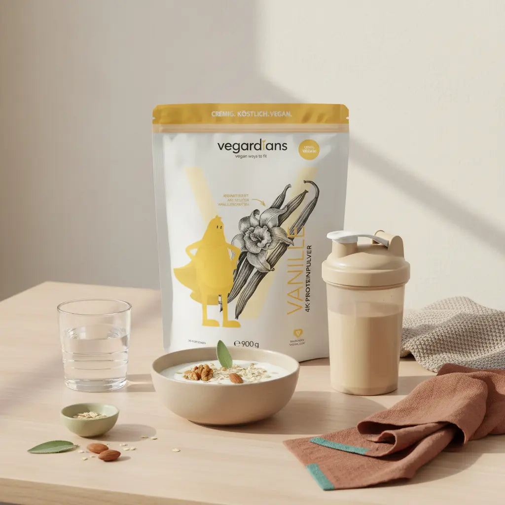 Wie bekomme ich meine dicken Oberarme weg? Minimalistische europäische Küche im Morgenlicht mit nachhaltigem Holztisch, Glas Wasser, Haferflocken, Proteinshake (Produkt aus den Referenzfotos), Leinen und Keramik.