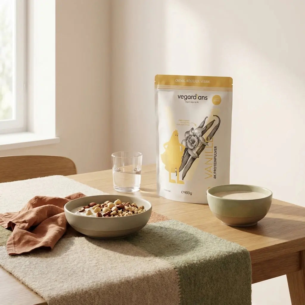 Minimalistische Küchenaufnahme mit veganer Proteinmahlzeit (Müsli, Pflanzenjoghurt, Nüsse) und Shake in Keramikschale auf nachhaltigem Tisch bei sanftem Morgenlicht — Wie bekomme ich meine Oberschenkel schlanker?