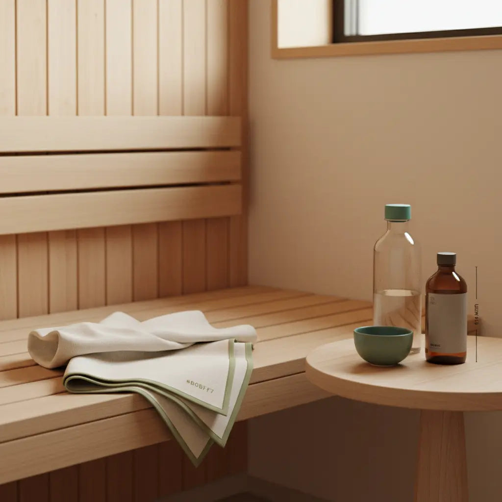 wie benutzt man die sauna im fitnessstudio – minimalistisches Saunainterieur mit warmer Holzbank, sauber gefaltetem Handtuch, Glasflasche auf Holztisch und Produkt aus Referenzfotos